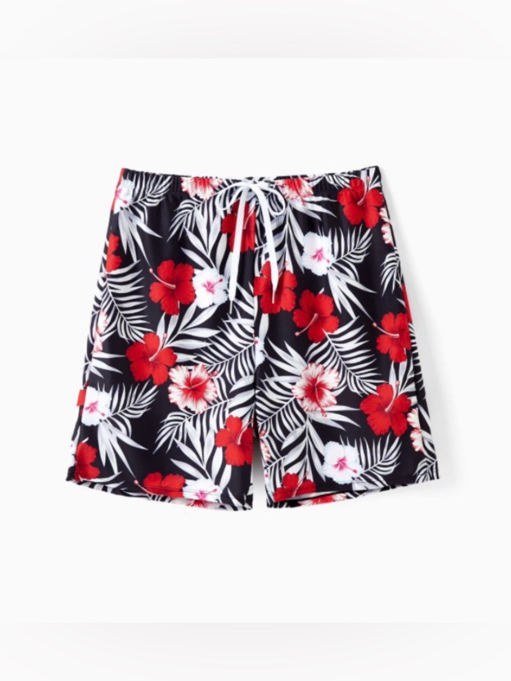 PatPat Men Black Swim Shorts with Red & White Tropical Floral Print, Size 2XL